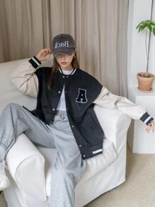 DAZY 字母拼接彩塊落肩校園風夾克 - 黑與白 - 查看 5