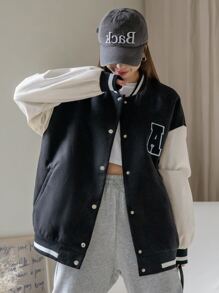 DAZY 字母拼接彩塊落肩校園風夾克 - 黑與白 - 查看 6