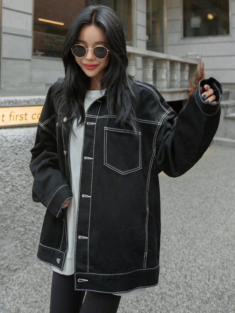 DAZY Chaqueta vaquera con gráfico de letra y hombros caídos, ropa de otoño - Negro - Añade 7