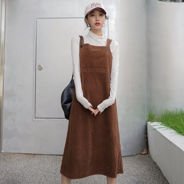 

1pc Pocket Patched Corduroy Overall Dress, Rust brown