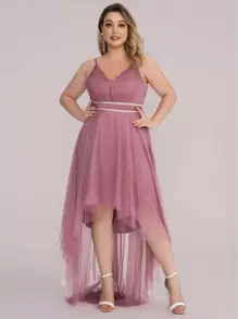 EVERPRETTY Plus Contrast Mesh High Low Backless Bridesmaid Dress