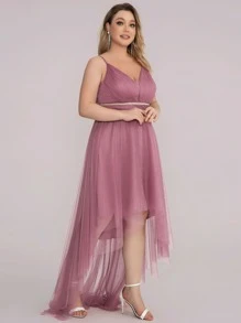 EVERPRETTY Plus Contrast Mesh High Low Backless Bridesmaid Dress