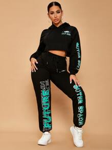 SHEIN SXY Letter Graphic Drop Shoulder Drawstring Crop Hoodie & Joggers - Black - View 1
