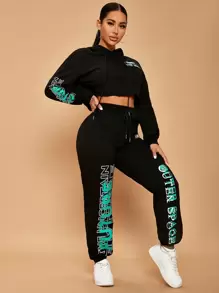 SHEIN SXY Letter Graphic Drop Shoulder Drawstring Crop Hoodie & Joggers - Black - View 4