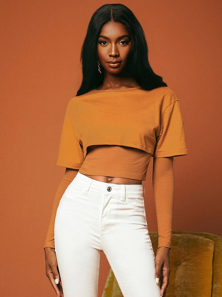 SHEINNeu 素色假兩件短款T恤