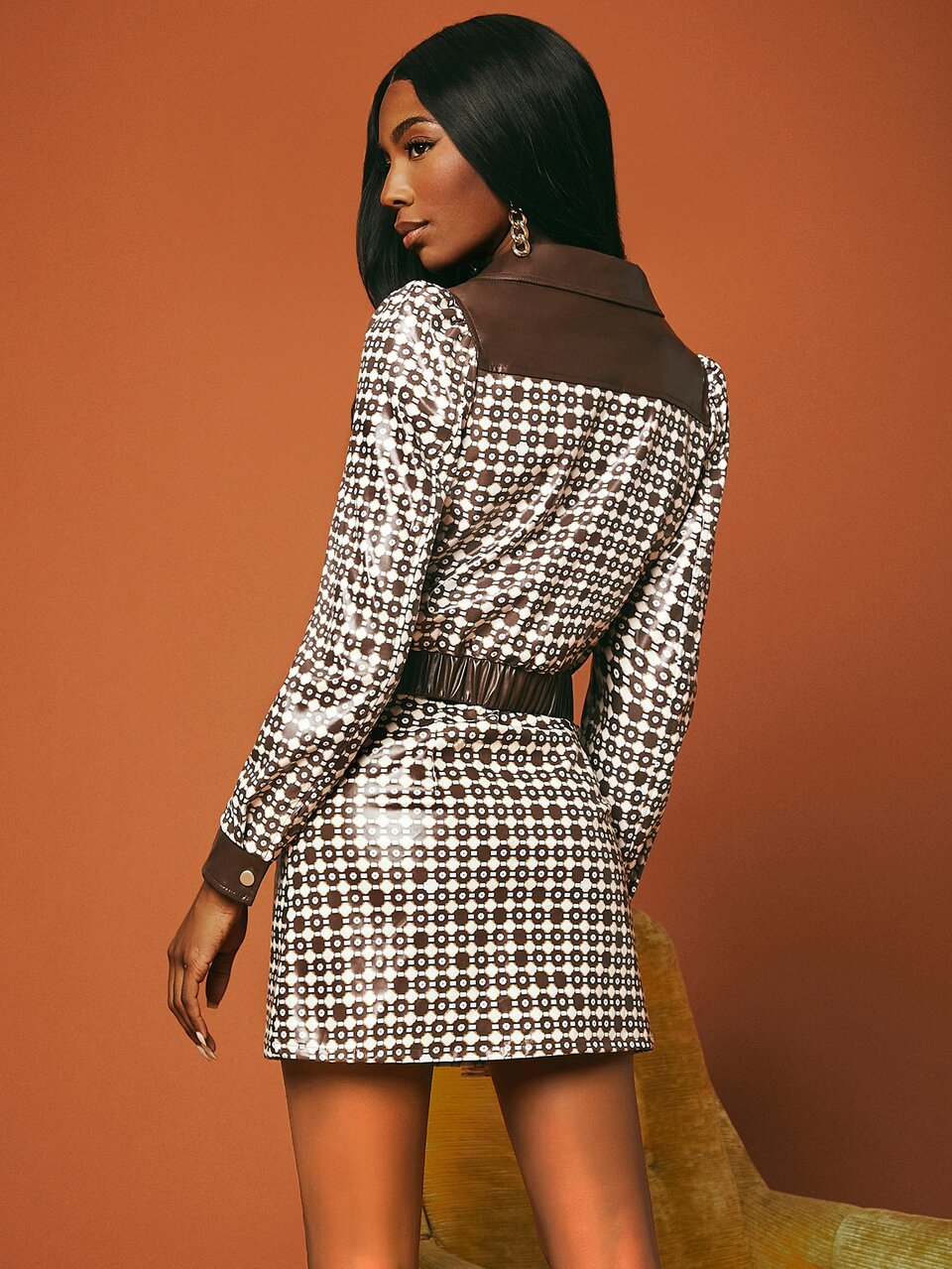 Geo Print Zipper PU Leather Jacket
