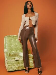 SHEINNeu 紐扣開襟下擺開叉短款上衣 - 杏色 - 查看 3