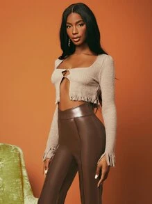 SHEINNeu 紐扣開襟下擺開叉短款上衣 - 杏色 - 查看 5