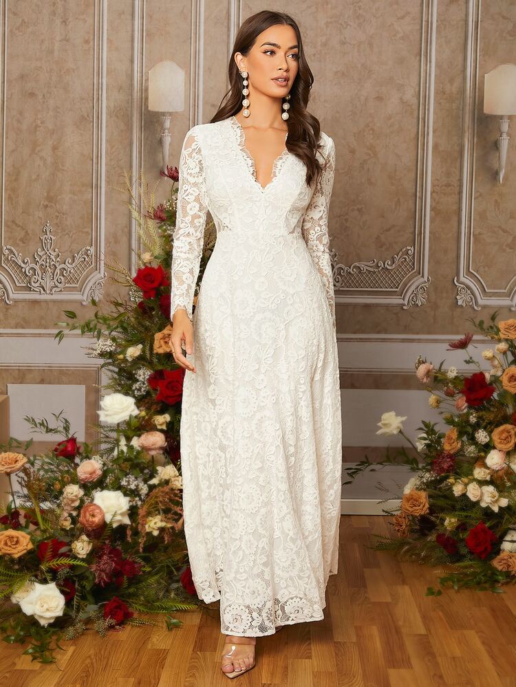 SHEIN Belle Vestido de novia con encaje de pestaña de espalda abierta - Blanco - Añade 3