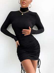 Đầm Dây kéo Xù Gân đan màu trơn Thanh lịch - màu đen - Xem 3