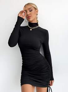 Đầm Dây kéo Xù Gân đan màu trơn Thanh lịch - màu đen - Xem 4