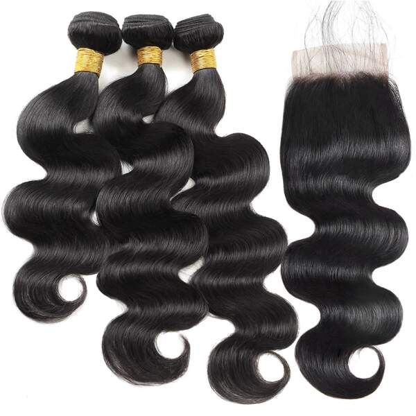 

3pcs Long Human Hair Weave Bundles & 1pc 4*4 Lace Front 150% Long Human Hair Closure, Black