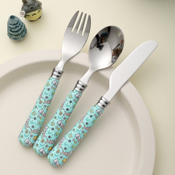 

3pcs Cartoon Graphic Cutlery Set, Green