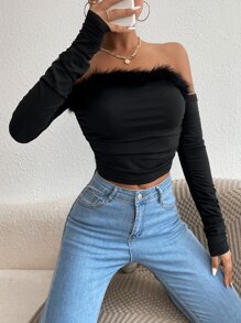 SHEIN Privé Off Shoulder Fuzzy Trim Top - Black - View 4
