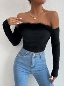 SHEIN Privé Off Shoulder Fuzzy Trim Top - Black - View 6