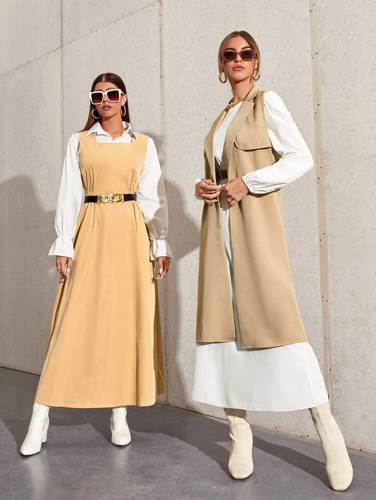 SHEIN 1pc Blouse With 1pc Shirred Dress - Khaki - View 1