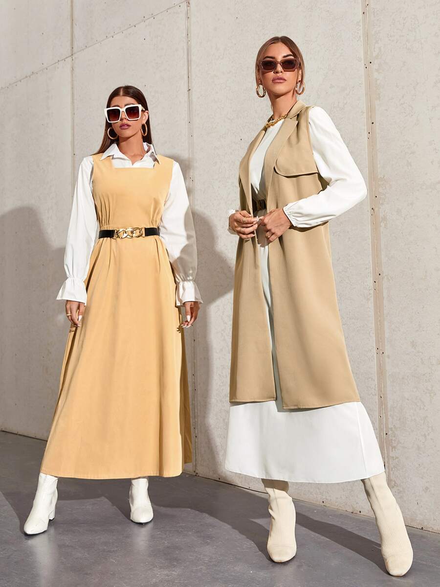 SHEIN 1pc Blouse With 1pc Shirred Dress - Khaki - View 1