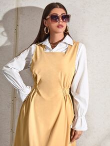 SHEIN 1pc Blouse With 1pc Shirred Dress - Khaki - View 3