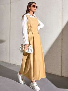 SHEIN 1pc Blouse With 1pc Shirred Dress - Khaki - View 5