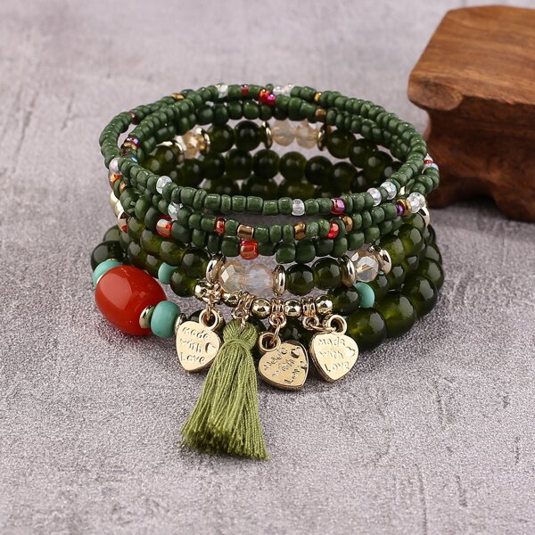 

6pcs Tassel & Heart Charm Beaded Bracelet, Multicolor