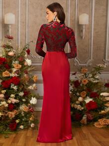 SHEIN Belle Vestido jacquard de cuello alto fruncido de muslo con abertura de satén - Rojo - Ver 2