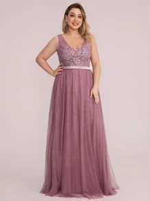 EVERPRETTY Plus Size Appliques Guipure Lace Bridesmaid Dress - Dusty Pink - View 7