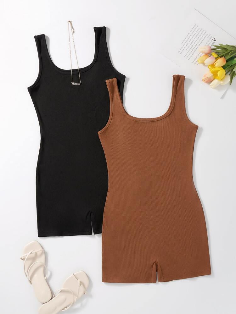 2pcs Solid Ribbed Knit Tank Romper
