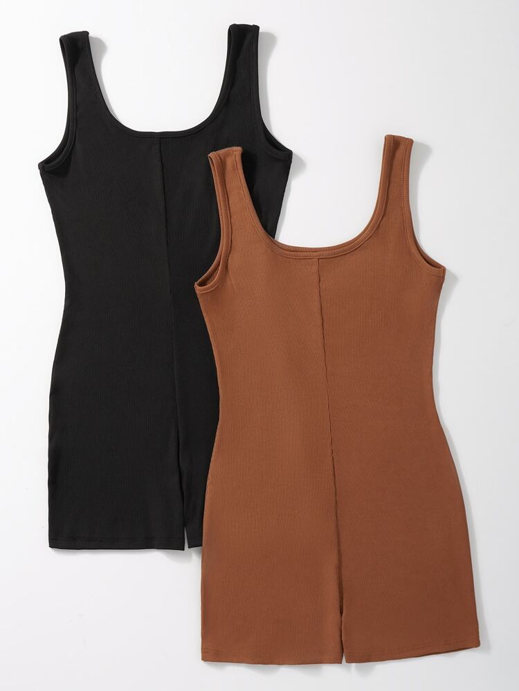2pcs Solid Ribbed Knit Tank Romper