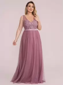 EVERPRETTY Plus Size Appliques Guipure Lace Bridesmaid Dress - Dusty Pink - View 6