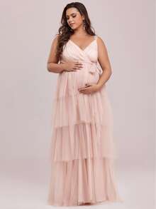 EVERPRETTY Maternity Plus Layered Hem Belted Mesh Dress - Baby Pink - View 6