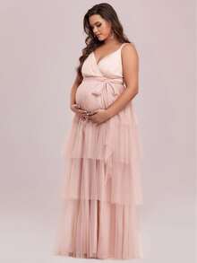 EVERPRETTY Maternity Plus Layered Hem Belted Mesh Dress - Baby Pink - View 8