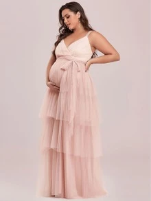EVERPRETTY Maternity Plus Layered Hem Belted Mesh Dress - Baby Pink - View 7