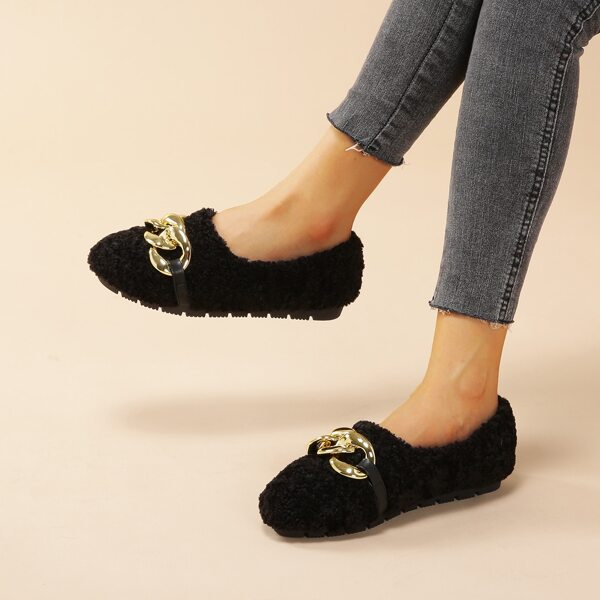 

Metal Decor Fluffy Slip On Flats, Black