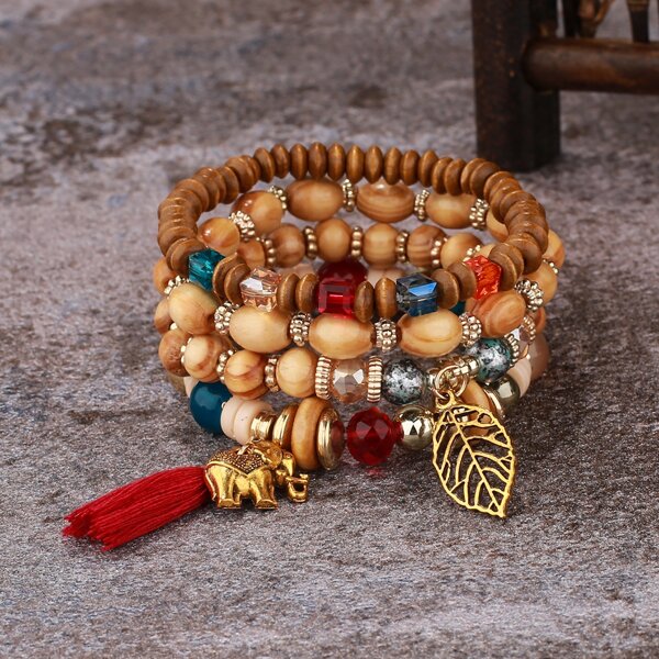 

4pcs Leaf & Elephant Charm Beaded Bracelet, Multicolor