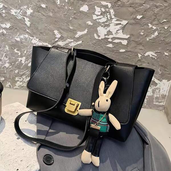 

Doll Decor Flap Shoulder Bag, Black