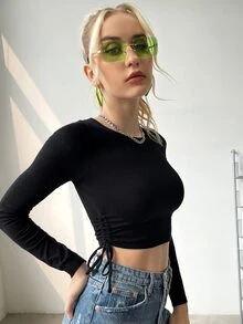 SHEIN Drawstring Side Ribbed-knit Crop Sweater - Black - View 3