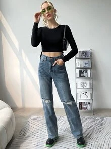 SHEIN Drawstring Side Ribbed-knit Crop Sweater - Black - View 4