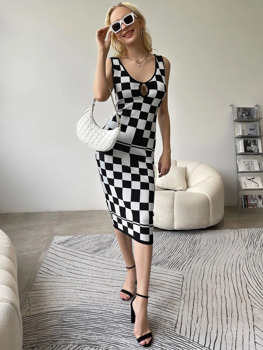 SHEIN Plaid Backless Bodycon Jumper Dress - Black and White - View 1