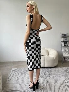 SHEIN Plaid Backless Bodycon Jumper Dress - Black and White - View 2