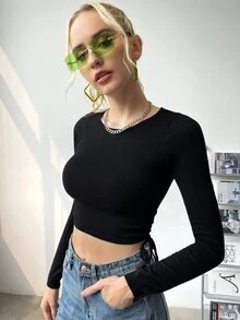 SHEIN Drawstring Side Ribbed-knit Crop Sweater - Black - View 5