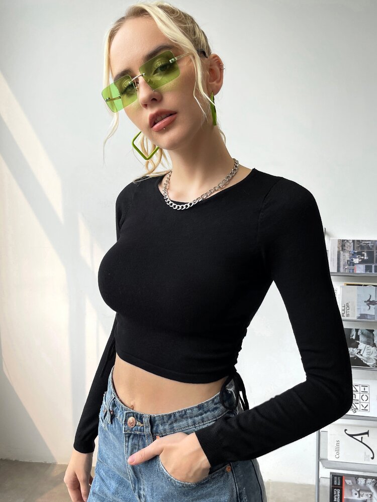 SHEIN Jersey corto con cordón lateral tejido de canalé - Negro - Añade 5
