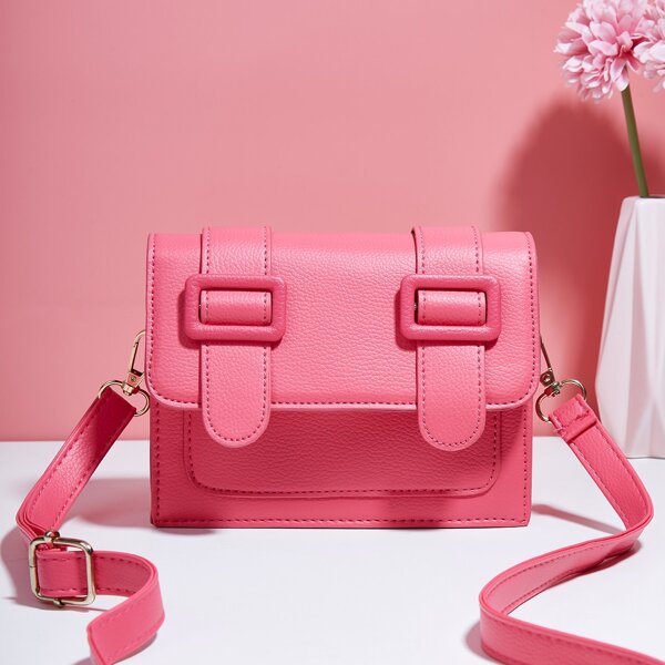

Minimalist Buckle Flap Square Bag, Pink