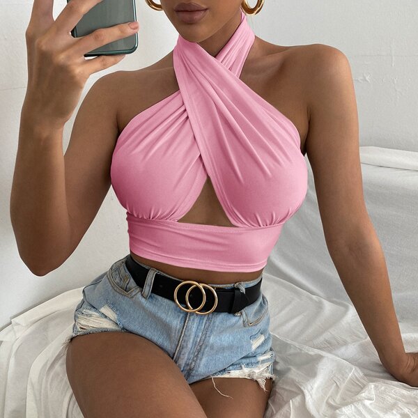 

Solid Cross Crop Halter Top, Pink