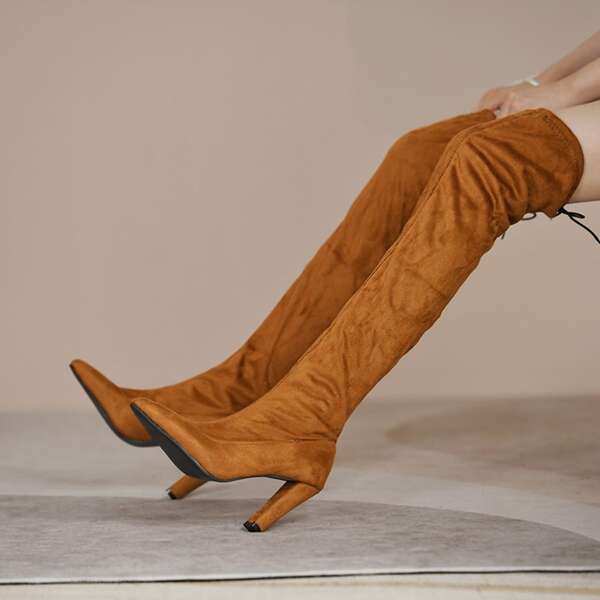 

Minimalist Tie Back Design Over Knee Boots, Brown