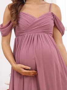 EVERPRETTY 孕婦挖肩褶邊雪紡連衣裙 - 藕粉色 - 查看 3