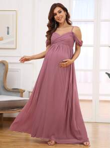 EVERPRETTY 孕婦挖肩褶邊雪紡連衣裙 - 藕粉色 - 查看 4