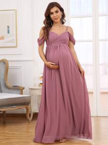 EVERPRETTY 孕婦挖肩褶邊雪紡連衣裙 - 藕粉色 - 查看 5