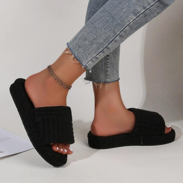 

Textured Open Toe Bedroom Slippers, Black