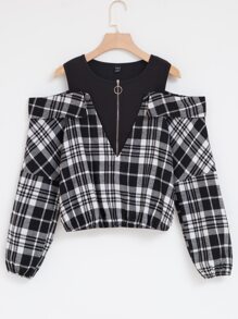 SHEIN Unity 格紋金屬圓環拉鍊挖肩襯衫 - 黑與白 - 查看 1