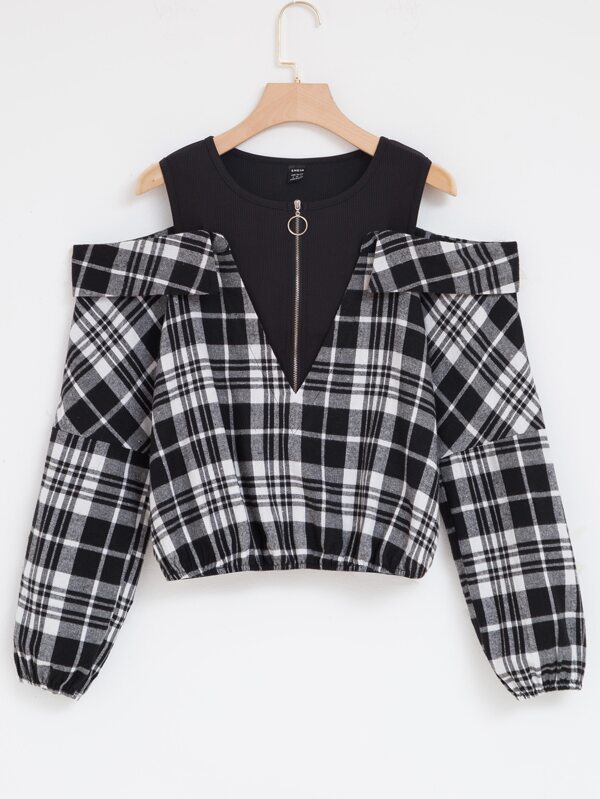 Plaid Oring Zipper Cold Shoulder Blouse for Sale Australia New